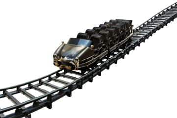 Retro coaster car ascending track, amusement park background