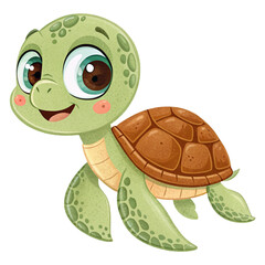 Obraz premium Cute cartoon turtle with big eyes on transparent background for kids books, stickers, children’s educational posters and fun illustrations