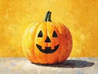 Oil Painting Halloween Pumpkin with Triangular Eyes and Grinning Teeth, Gradient Light Yellow Background Children's Illustration
