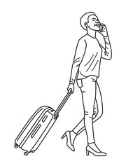Hand drawn of Woman dragging a suitcase in her hand and holding a mobile phone,Tourist girl having cheerful holiday trip concept, Full body composition,Vector illustration
