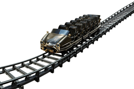 Retro coaster car ascending track, amusement park background