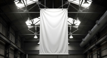 Blank banner hanging in a warehouse setting, perfect for advertisements and announcements