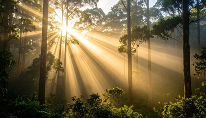 Obraz premium Sunlight filters through a misty forest path, illuminating the trees with morning sunbeams
