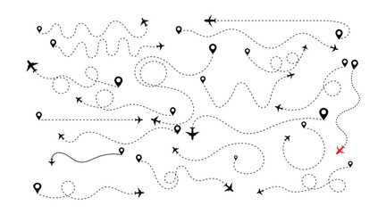 Airplane flight path vector illustration with dotted route lines, pin markers and start-to-destination trace.