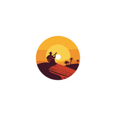 A man playing guitar in the desert sunset, Serenade under the setting sun icon logo flat vector design