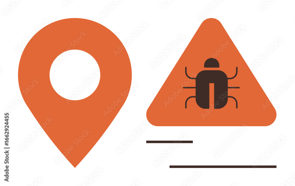 Poster large orange location pin next to a triangular warning sign with a bug icon. ideal for cybersecurity