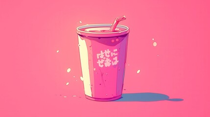 Vibrant pink drink cup, whimsical design with bright colors, refreshing beverage concept, ideal for summer promotions.