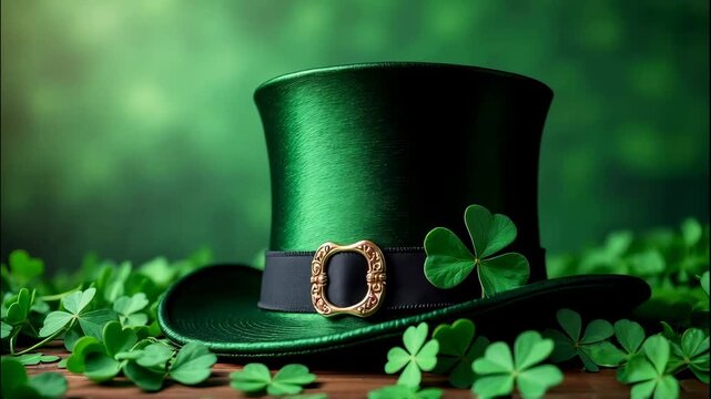 A leprechaun's green top hat with a golden buckle sits among a bed of lush clovers, a festive image for St. Patrick's Day