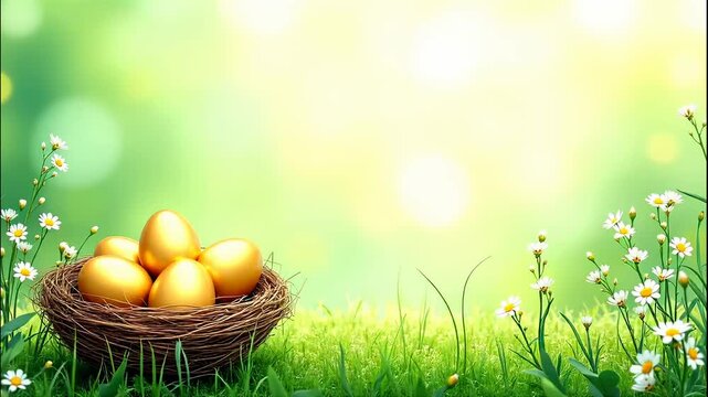 A nest with shiny golden eggs sits on a patch of lush green grass with blooming daisies, against a bright bokeh background