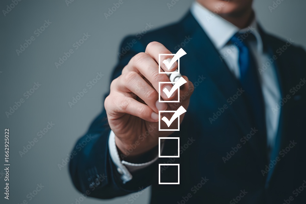 Poster a businessman in a suit marking a checklist with a pen on a transparent surface in front of him