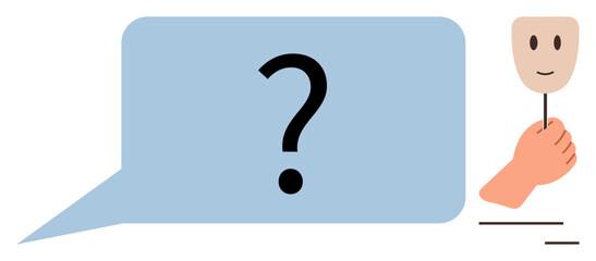 Question mark inside blue speech bubble and hand holding smiling mask suggest questioning identity, true feelings, or hidden emotions. Ideal for psychology, identity, communication, self-reflection