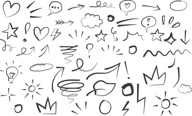 hand drawn brush Line marker arrow element set. Hand drawn line heart, crown, star symbol highlight marker shape. Sketch pencil stroke vector graphic pen underline scribble icon.