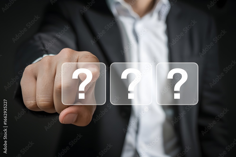 Poster a person in a suit pointing at three question mark buttons on a transparent interface panel screen