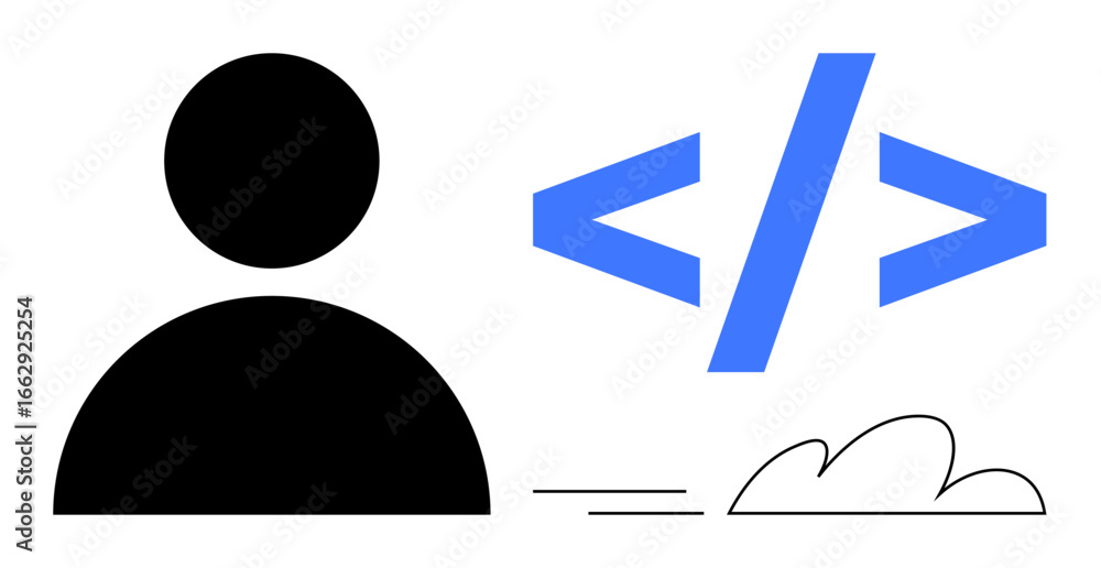 Poster user icon next to coding brackets and a cloud. ideal for programming, user interface, technology, cl