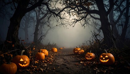 Spooky Halloween path lined with jack-o'-lanterns