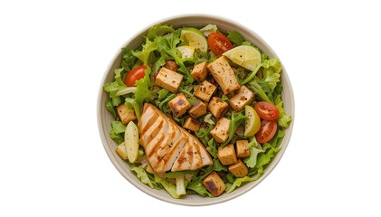 Fresh Salad with grilled chicken and Tofu in Bowl isolated on white and transparant background.