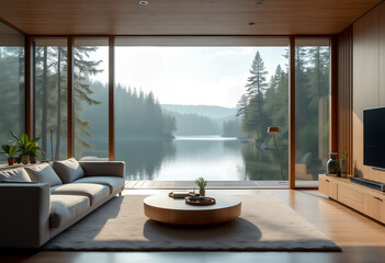 Modern living room with an understated gray sofa, round wooden coffee table, and tall windows looking out to a tranquil lake surrounded by forests