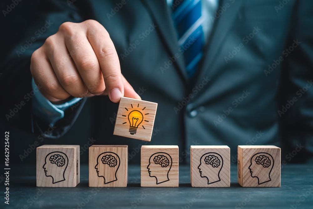 Aufkleber a businessman placing a lightbulb block among brain blocks representing idea generation and innovati