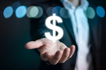 A person holding a glowing dollar sign in their hand with bokeh lights in the background scene view