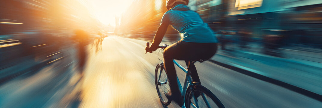 Person cycles fast through city street at sunset. Motion blur suggests speed and urban adventure.