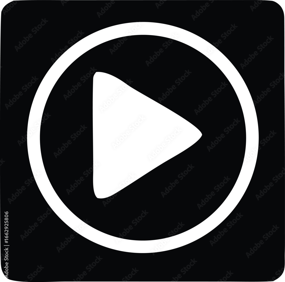 Aufkleber simple white play button icon inside a white circle set against a solid black square background for 