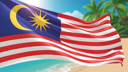 Malaysia Flag Waving on Tropical Beach with Palm Trees Holiday Vacation Getaway