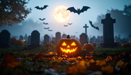 Spooky jack-o'-lantern in misty cemetery at night