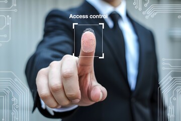 A man in a suit using fingerprint scanning technology for access control and security systems access