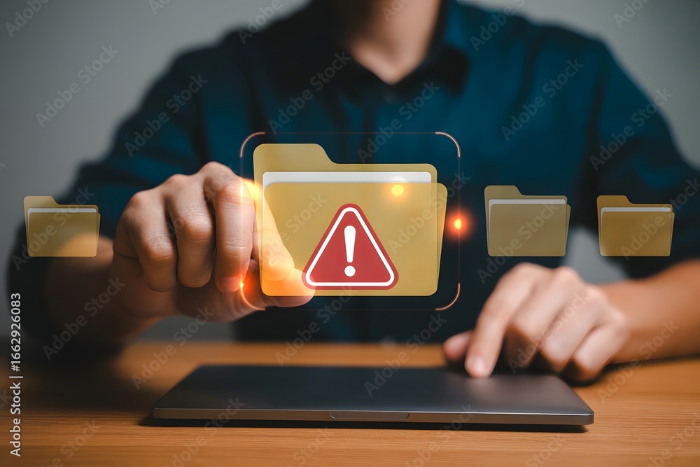 Poster man interacting with digital folders and a warning sign on a tablet on a wooden surface