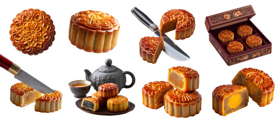 Set of mooncake, Chinese Mid-Autumn Festival pastry, lotus red bean paste filling, knife, oriental tea set gift box, stack broken bitten slice half on transparent cutout PNG. Mockup for design