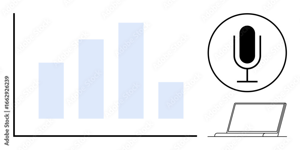 Poster bar graph with increasing and decreasing values, microphone in a circle, and a laptop. ideal for ana