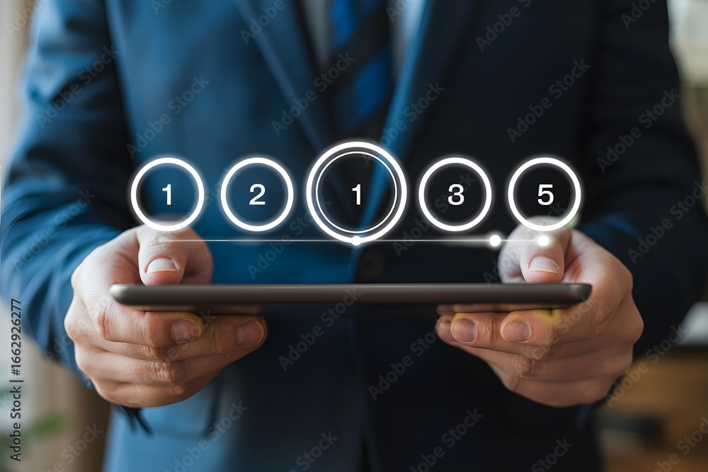Aufkleber man in suit holding tablet displaying numbered circles with one highlighted in the center view