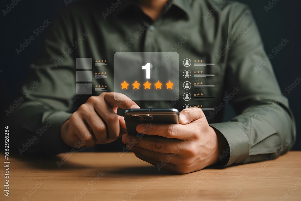 Poster person using smartphone to give five star rating with digital interface overlay on dark background