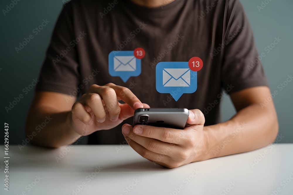 Poster person interacting with a smartphone displaying email notifications with unread message alerts