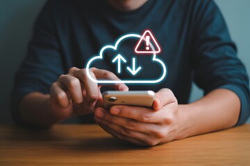 Person using a smartphone with a cloud icon and an error sign above it indicating a problem online