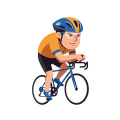 Fototapeta premium Determined mascot cyclist with an aerodynamic helmet is showcased in a compelling low-angle 2D flat vector illustration, featuring a minimalist solid-color style on a clean white background.