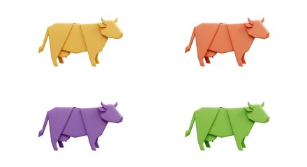 Colorful origami cow figures isolated on white background