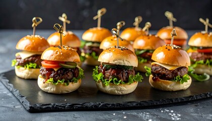 Cheeseburgers and chicken burgers on a plate with fresh vegetables like lettuce and tomato, isolated on a white background