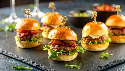 Cheeseburgers and chicken burgers on a plate with fresh vegetables like lettuce and tomato, isolated on a white background