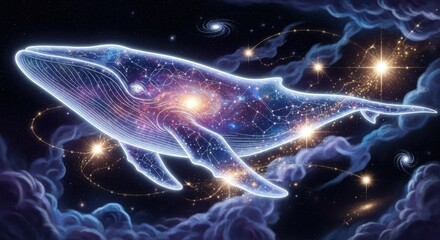 Cosmic whale swimming through the universe surrounded by stars and nebulae