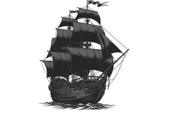 Vintage Black and White Illustration of a Galleon Sailing Ship on transparent background