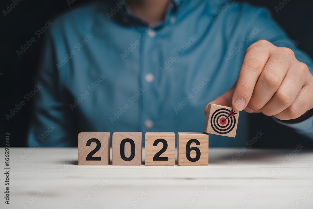 Aufkleber a person setting a target for the year twenty twenty six using wooden blocks on a white surface