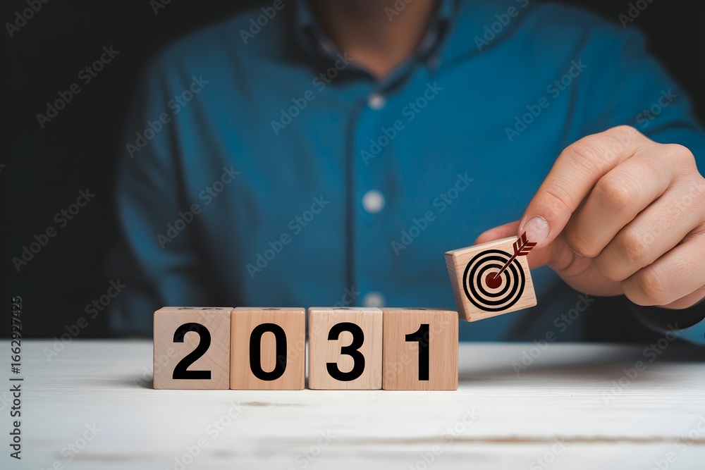 Poster man placing target block on wooden blocks spelling out the year two thousand and thirty one