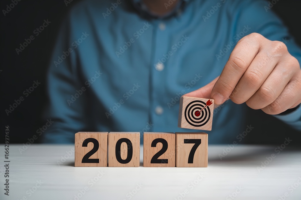 Poster a person placing a target block on wooden blocks spelling out the year twenty twenty seven
