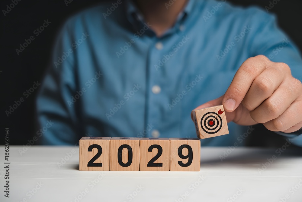 Poster man places target block on wooden blocks spelling out the year twenty twenty nine on a white surface