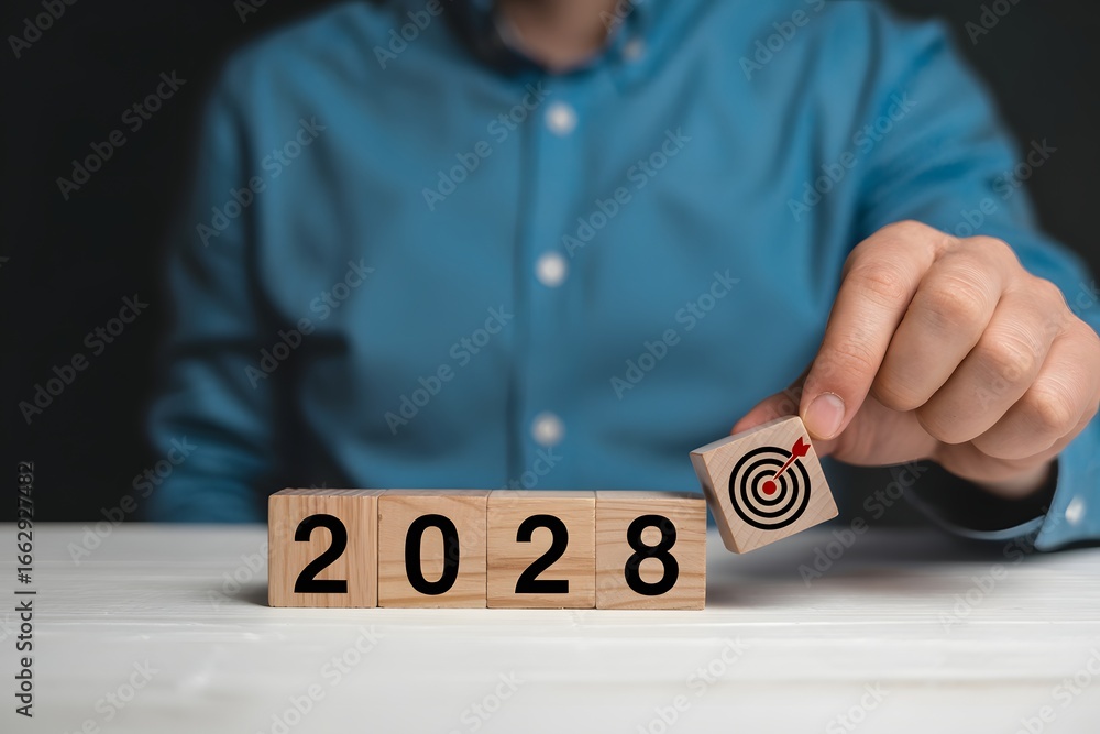 Aufkleber person placing target block next to wooden blocks spelling out the year twenty twenty eight on table