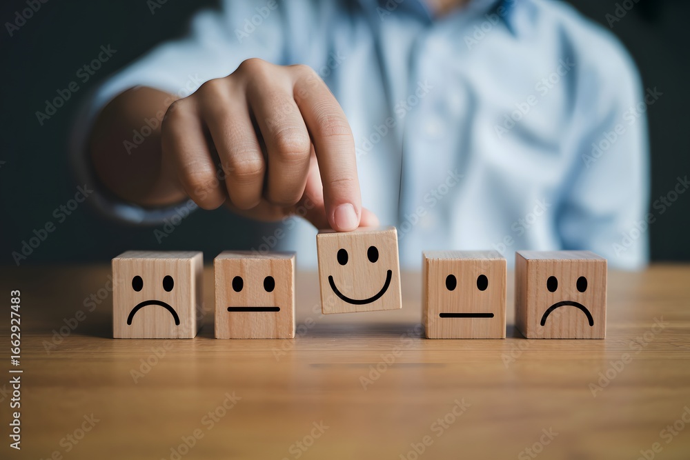 Aufkleber hand selecting a happy face wooden block from a row of various emotion face blocks on a table