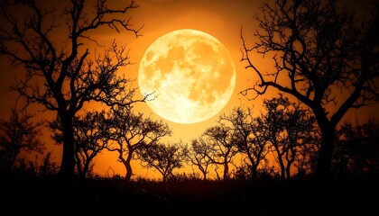 Spooky orange moon over barren trees