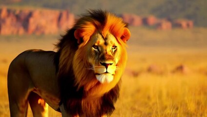 Majestic lion standing in the savannah with sunset backdrop  
