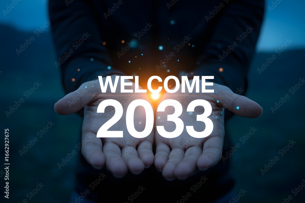 Poster welcome year two thousand thirty three text over open hands with bokeh and dark background blur effe